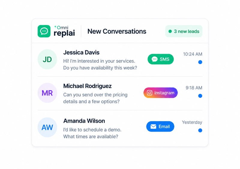 Conversations list showing new leads from SMS, DM and email